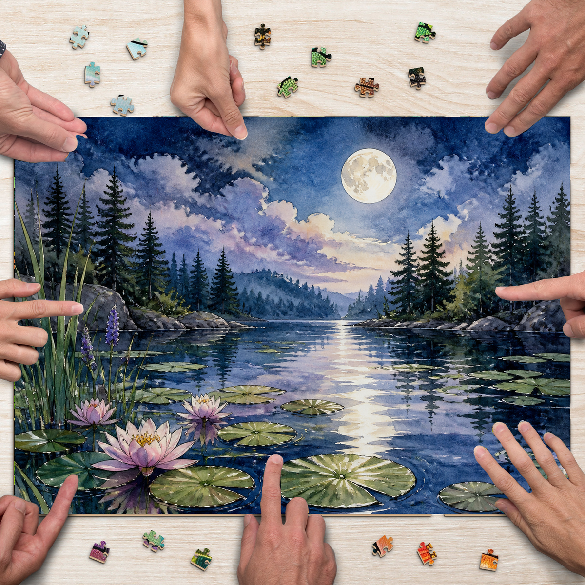 Moonlit Water-Lily Pond Landscape Puzzle - puzzle product view