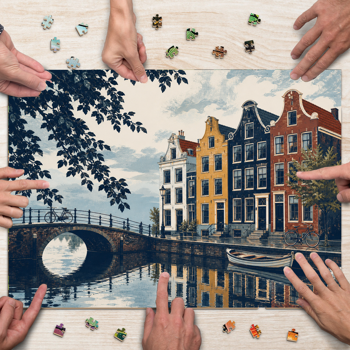 Rain Washed Canal Side Houses Screen Print Landscape Puzzle - puzzle product view