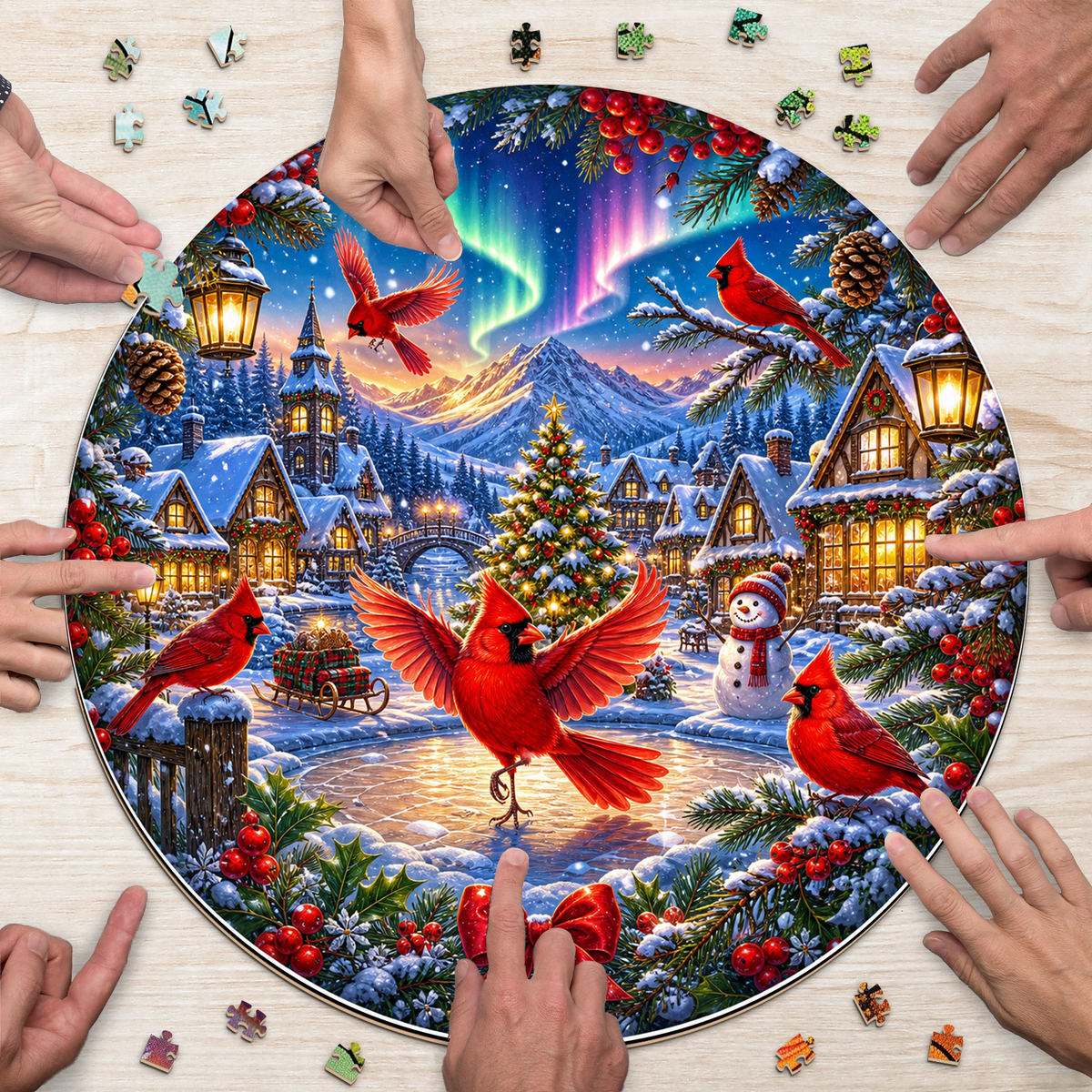 Dancing Cardinal Winter Village Round Puzzle - puzzle product view
