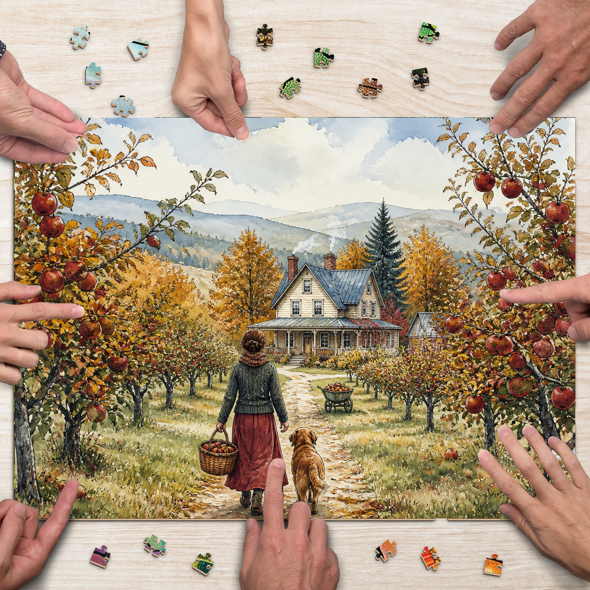 Luminous Autumn Apple Orchard Watercolor Ink Landscape Puzzle - puzzle product view