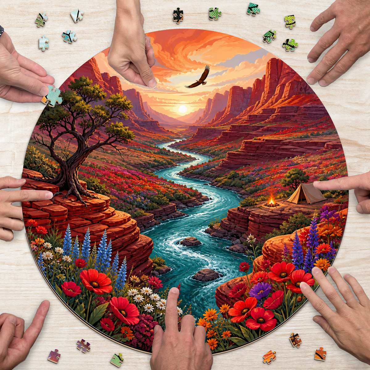 Crimson Wildflower Canyon River Round Puzzle - puzzle product view