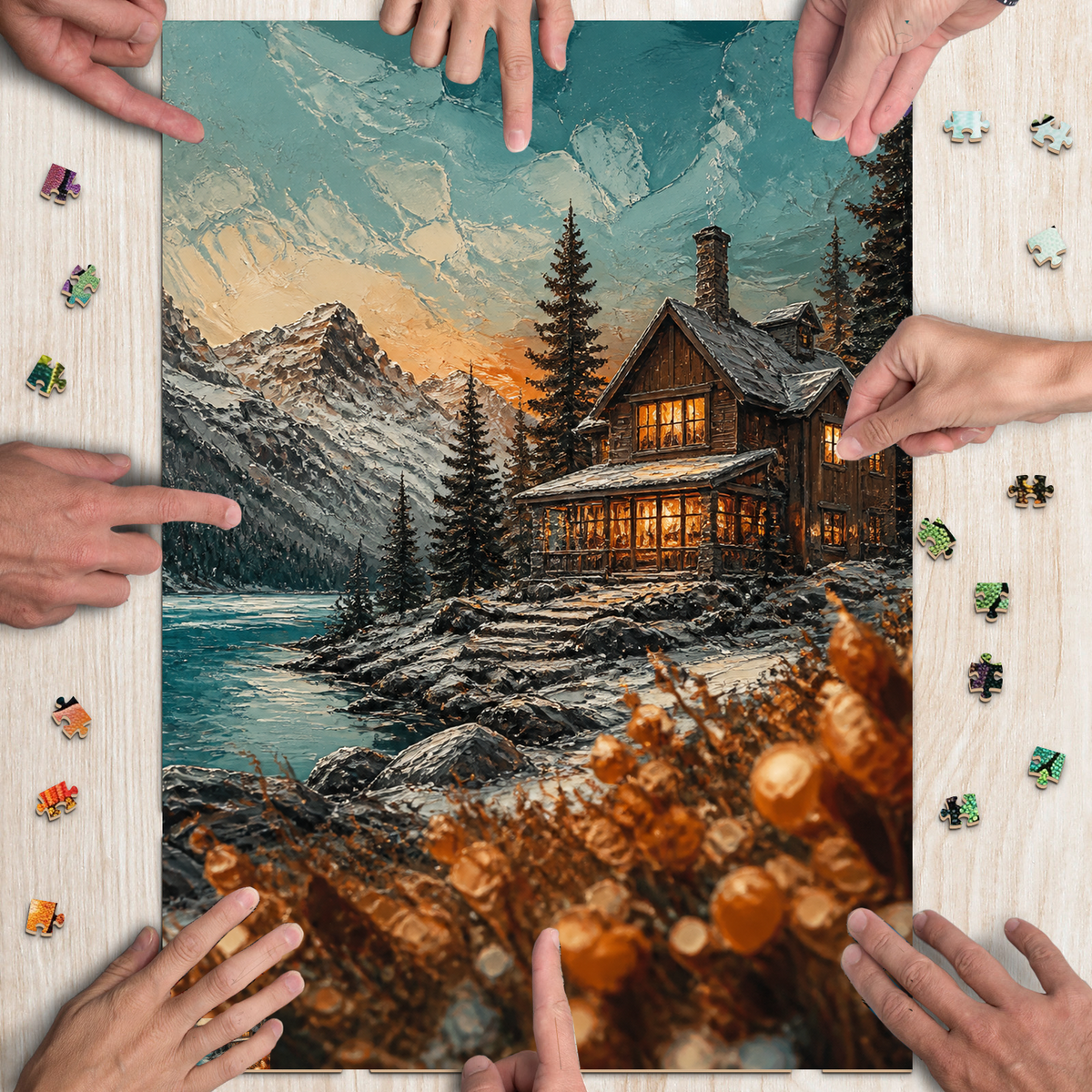 Rain Washed Winter Cabin Lights Oil Impasto Portrait Puzzle - puzzle product view