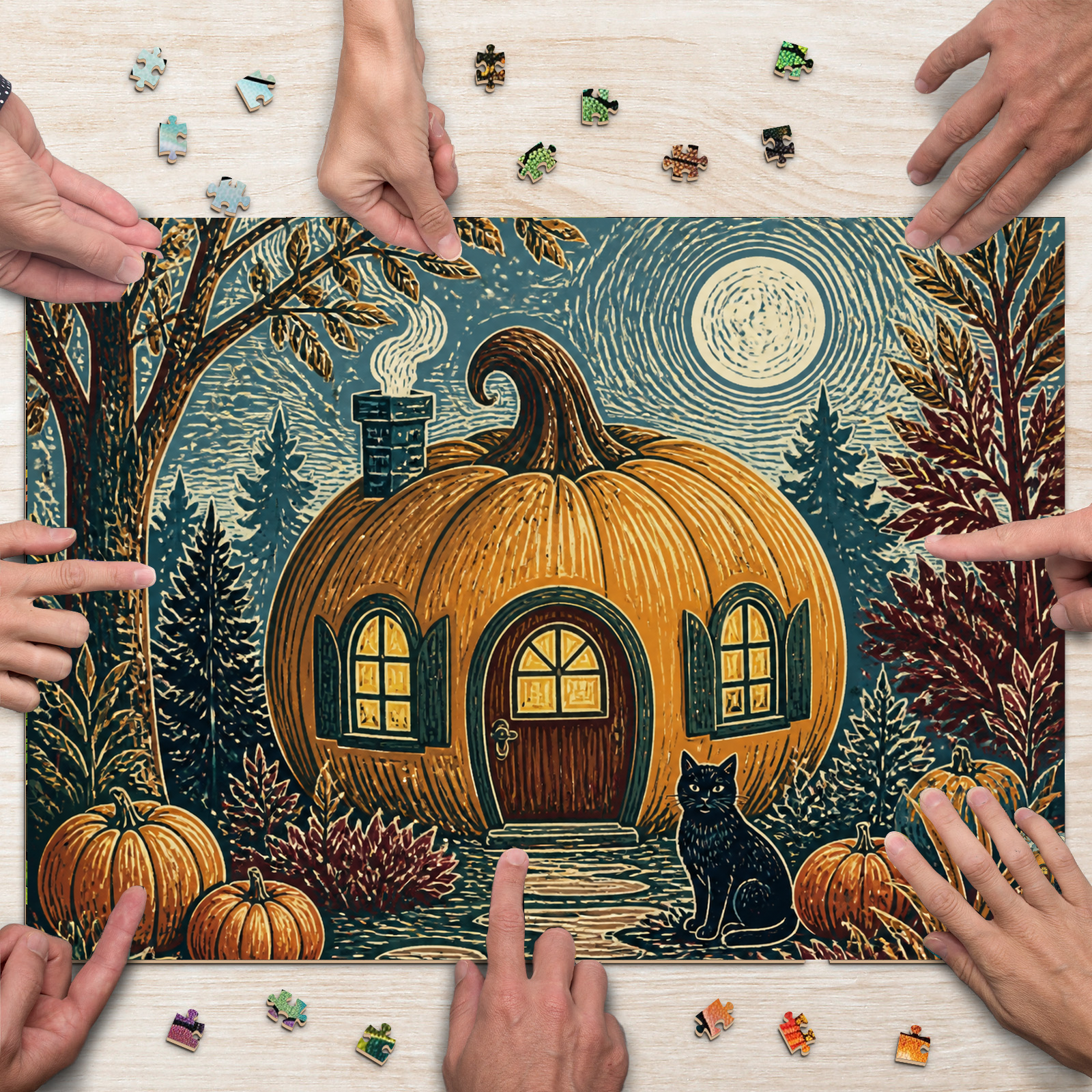 Vibrant Pumpkin Cottage Linocut Landscape Puzzle - puzzle product view