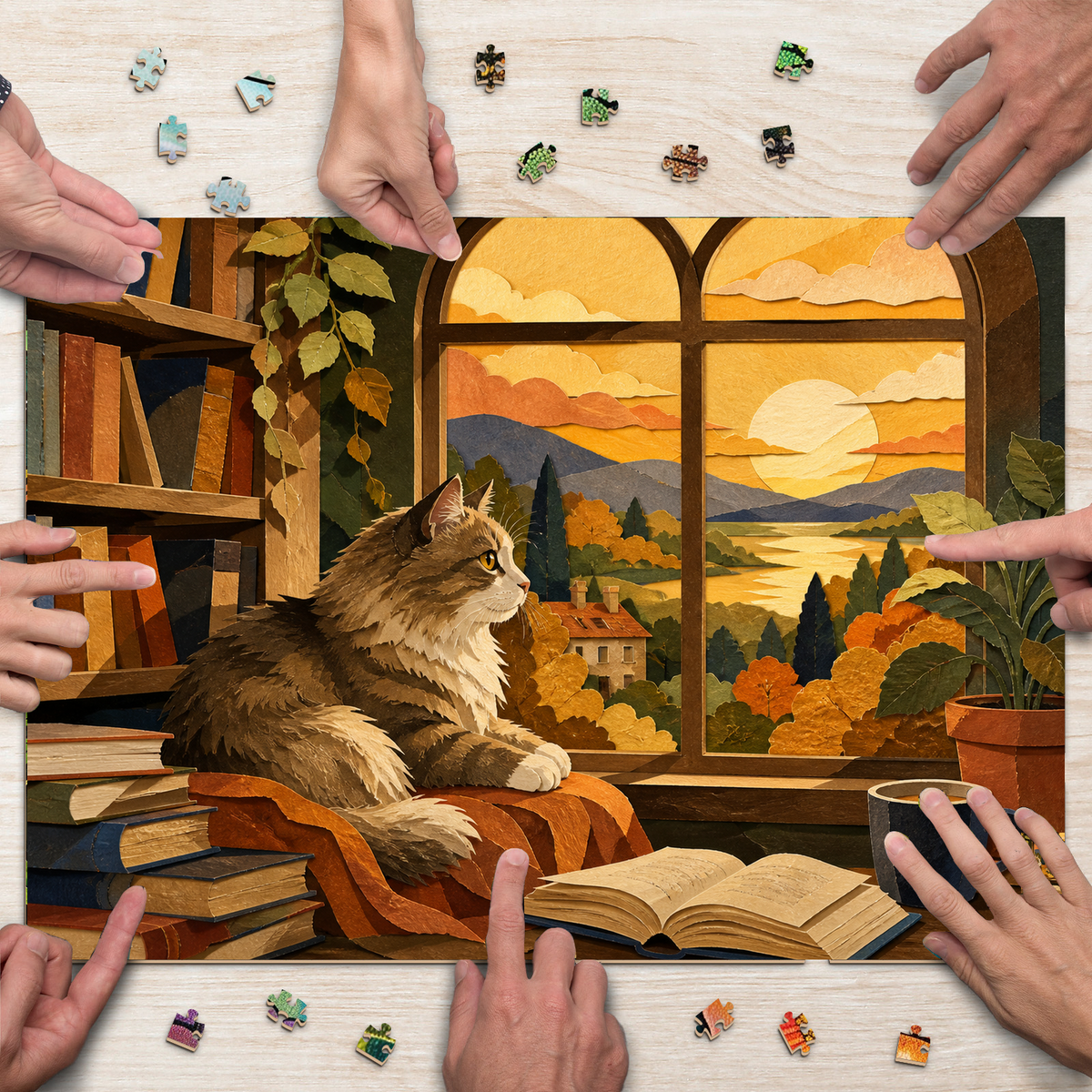 Golden-Hour Library Cat Landscape Puzzle - puzzle product view