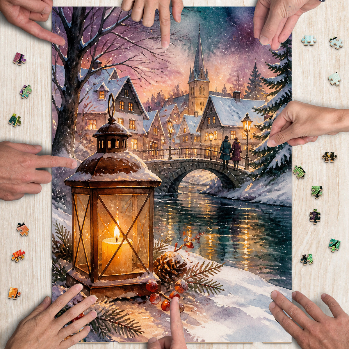 Story Rich Lantern Lit Winter Village Watercolor Ink Portrait Puzzle - puzzle product view