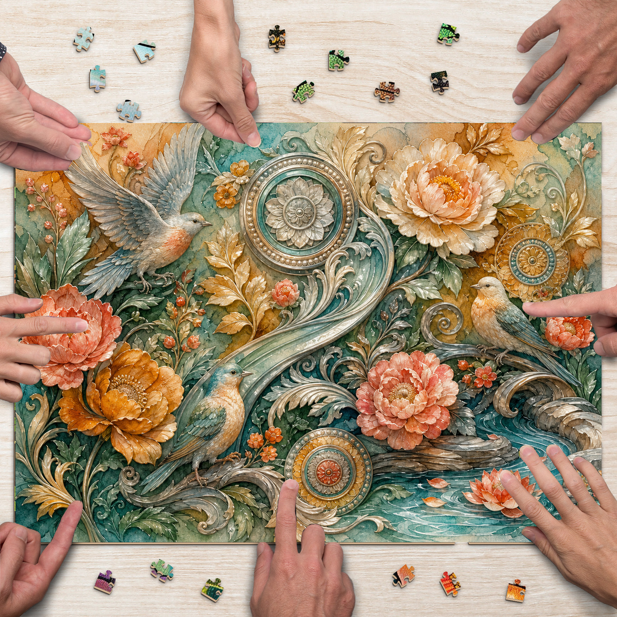 Silver Sculpted Floral Relief Landscape Puzzle - puzzle product view