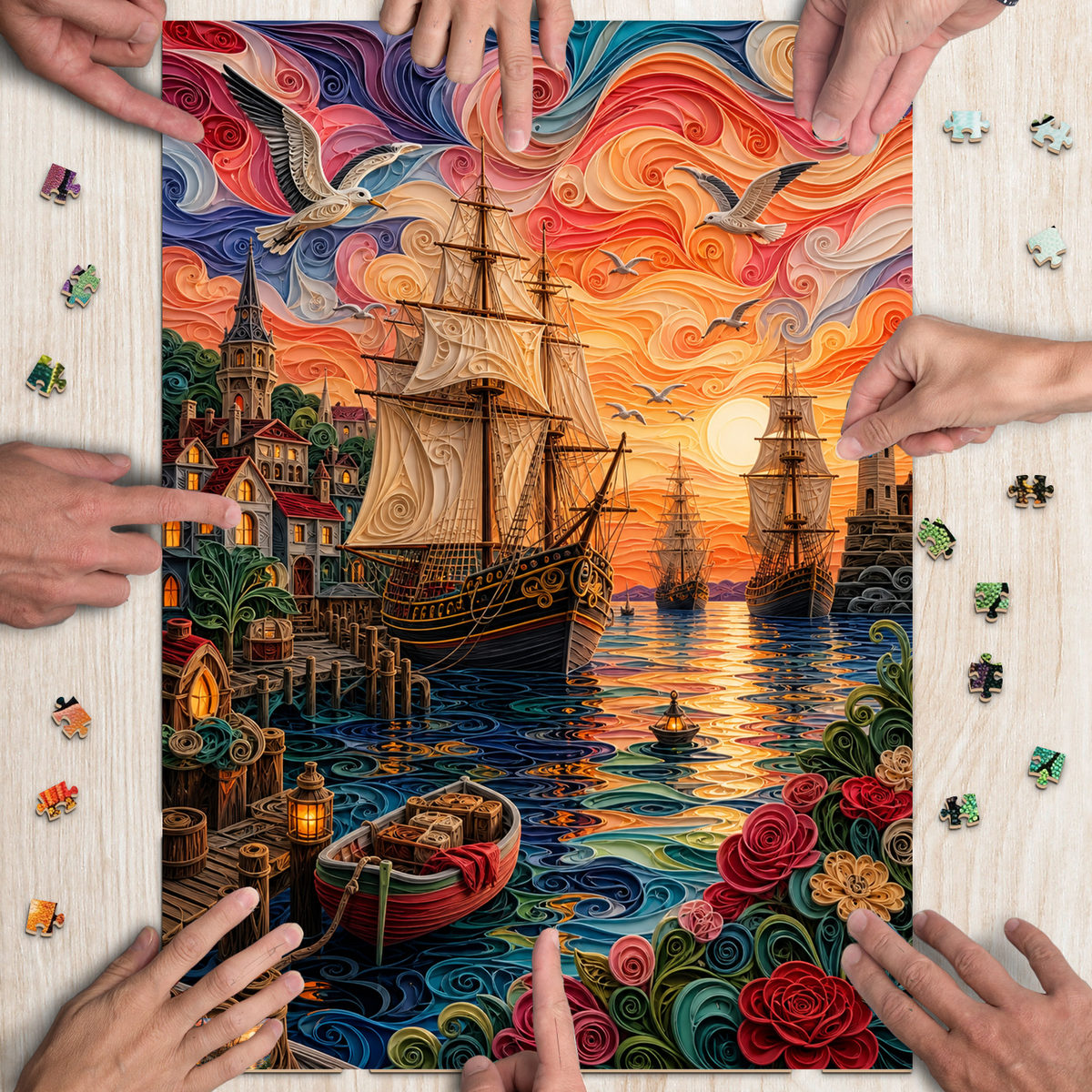Twilight Harbor of Tall Ships Portrait Puzzle - puzzle product view