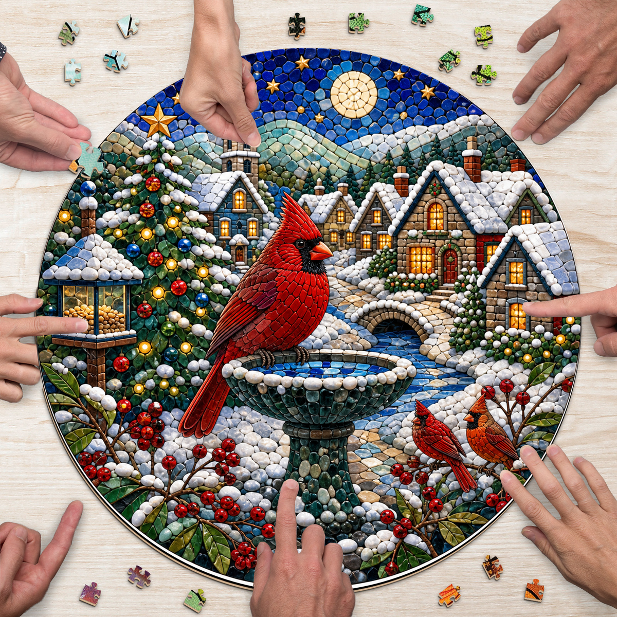 Copperleaf Cardinal Winter Village Round Puzzle - puzzle product view