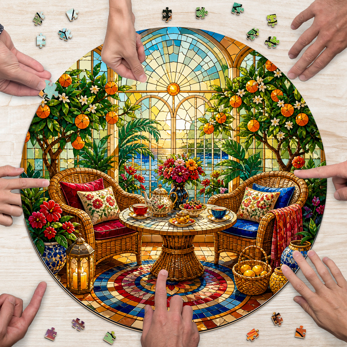 Golden Sunroom Tea Corner Round Puzzle - puzzle product view