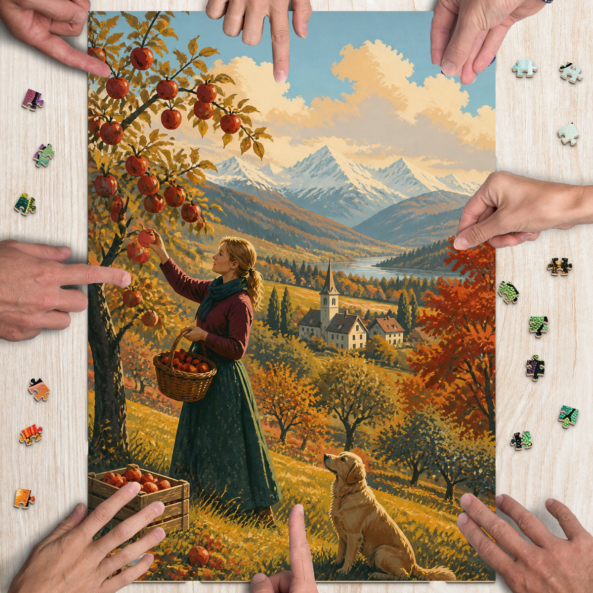 Moonlit Autumn Apple Orchard Travel Poster Portrait Puzzle - puzzle product view