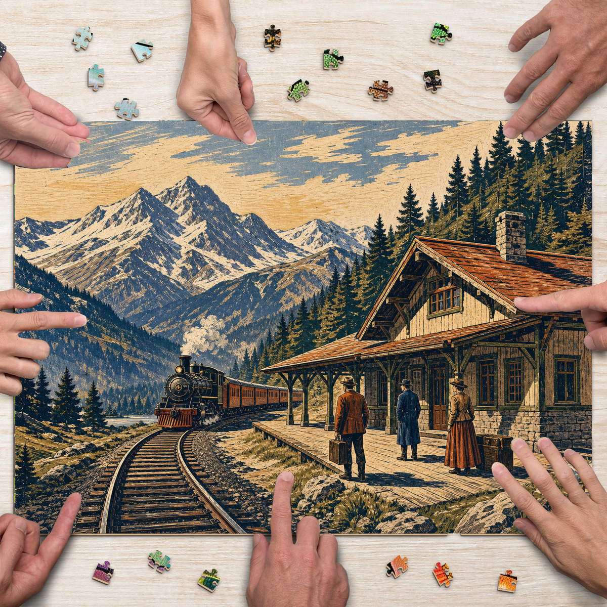 Vibrant Mountain Railway Station Woodblock Landscape Puzzle - puzzle product view