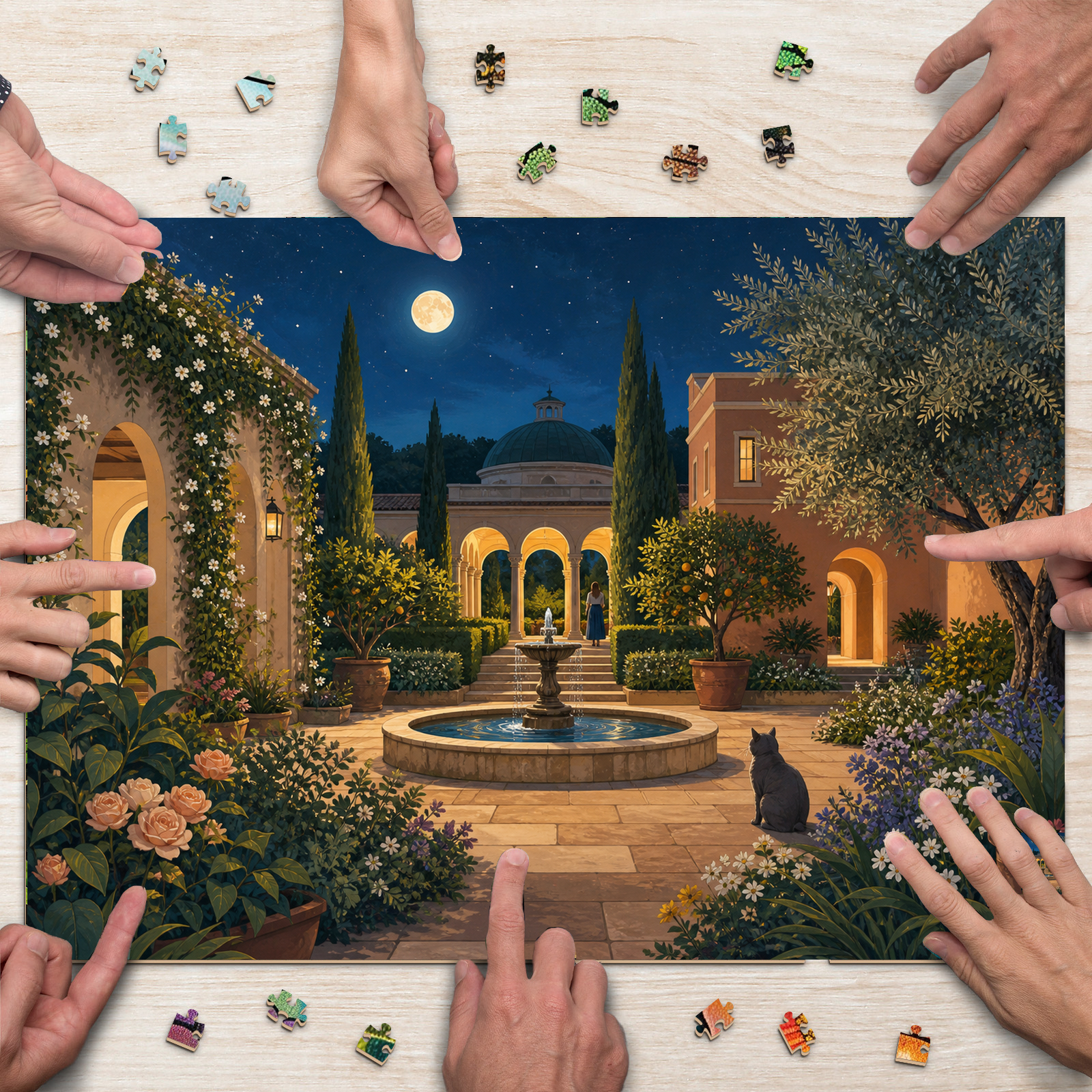 Moonlit Garden Courtyard Landscape Puzzle - puzzle product view