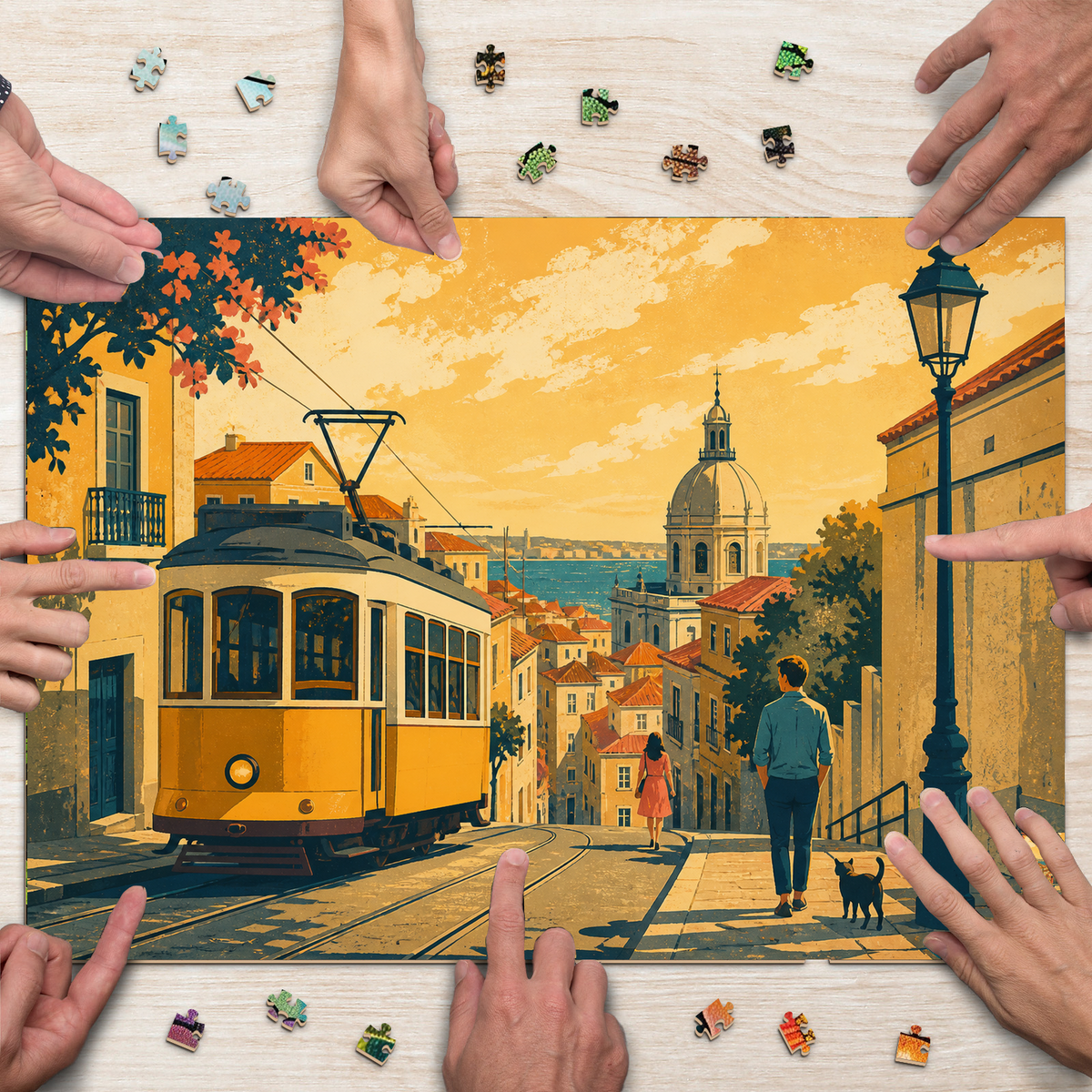 Golden-Hour Tram Street Landscape Puzzle - puzzle product view