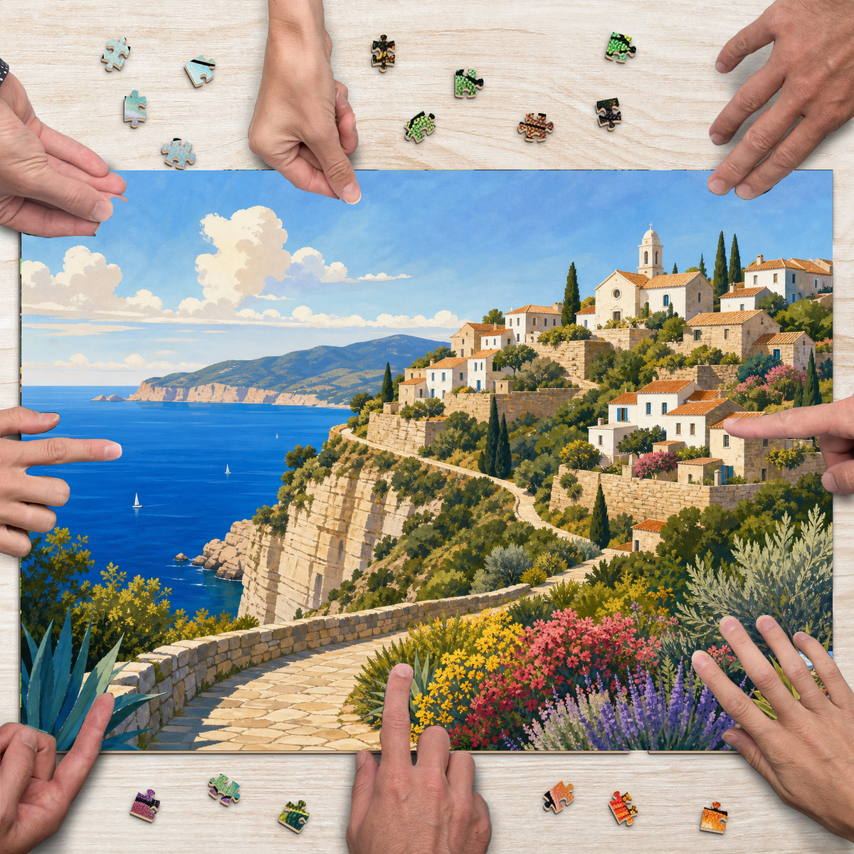 Vibrant Cliff Village Flat Editorial Illustration Landscape Puzzle - puzzle product view