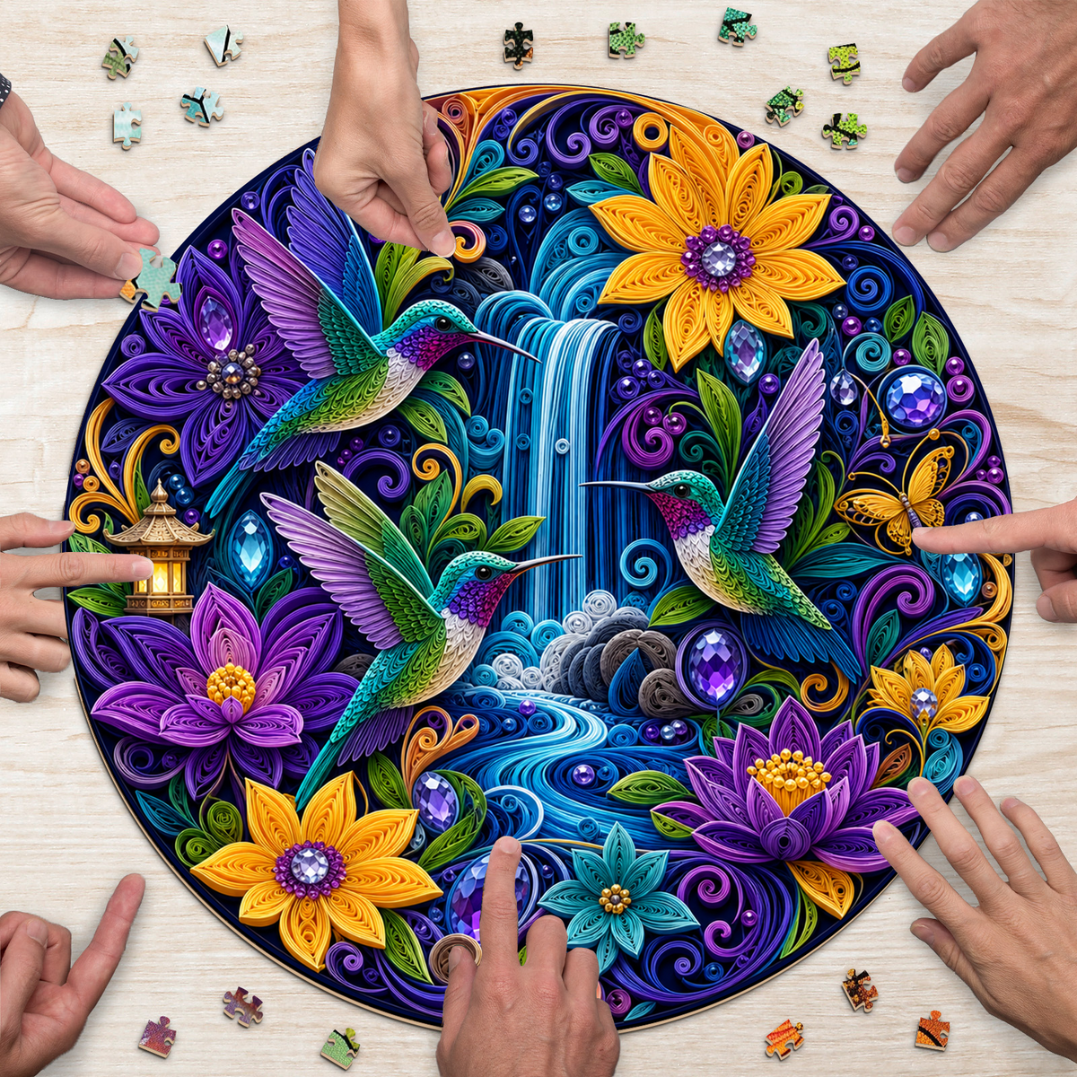 Radiant Hummingbird Jewel Garden Round Puzzle - puzzle product view