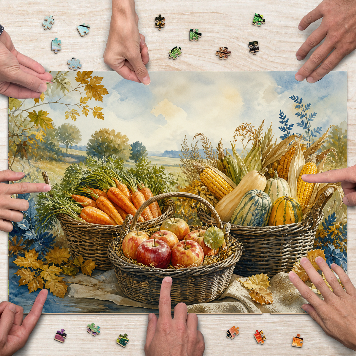 Story Rich Farmers Market Baskets Watercolor Ink Landscape Puzzle - puzzle product view
