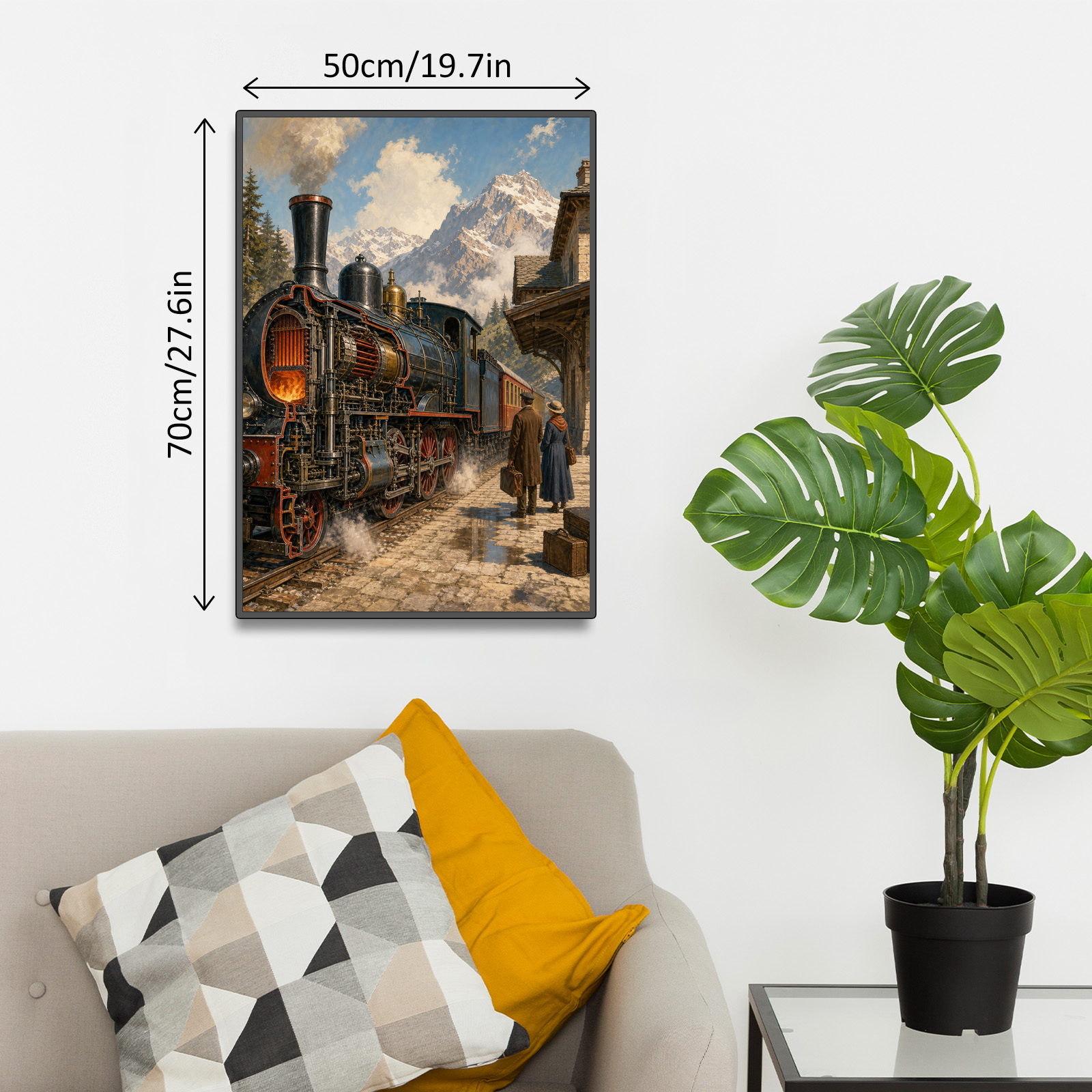 Sunlit Steam Train at a Mountain Station Retro Mechanical Portrait - puzzle product view