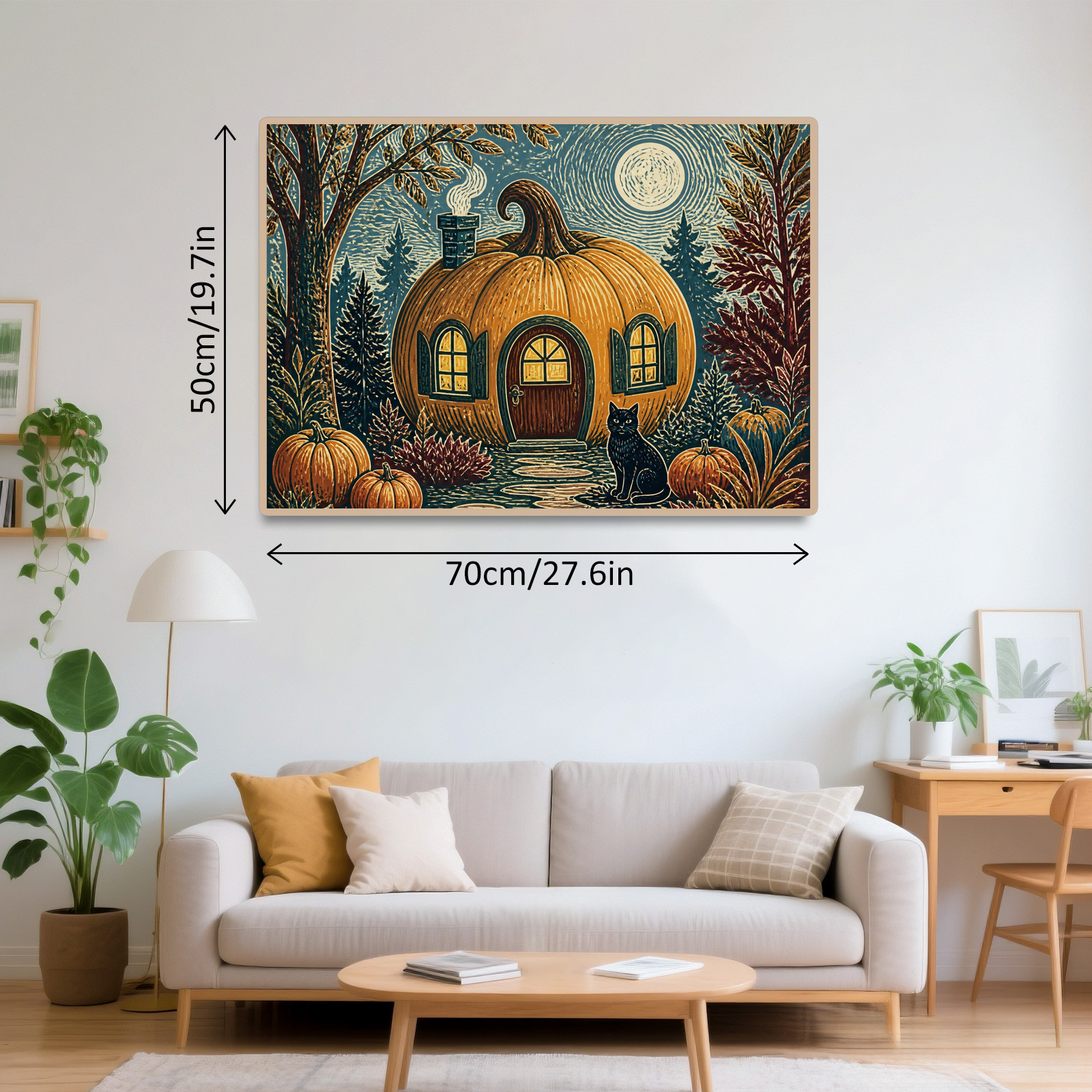 Vibrant Pumpkin Cottage Linocut Landscape Puzzle - puzzle product view