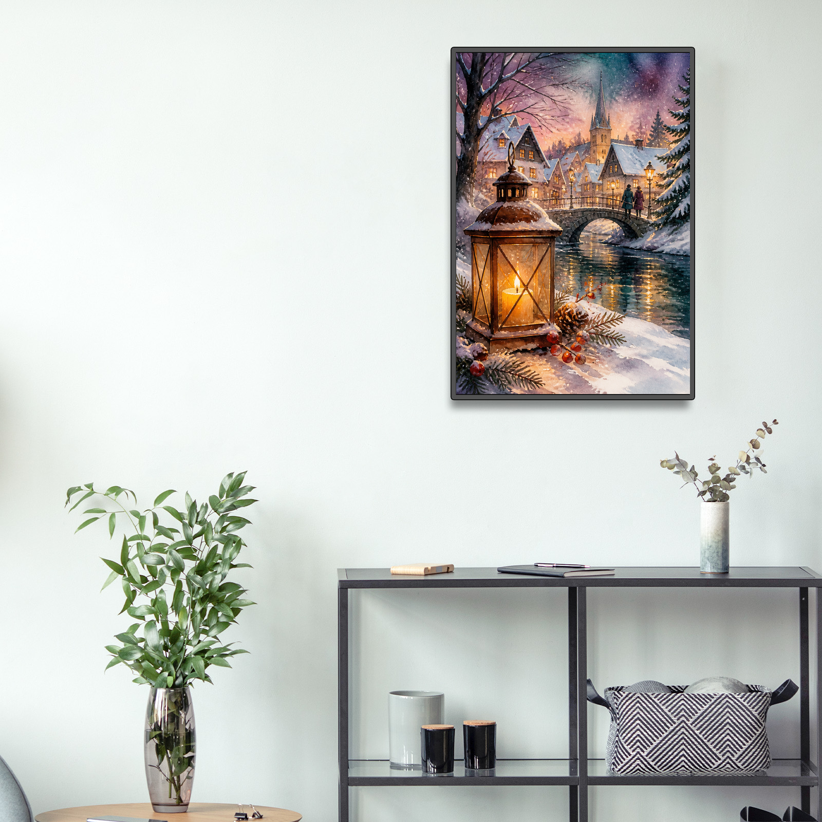 Story Rich Lantern Lit Winter Village Watercolor Ink Portrait Puzzle - puzzle product view