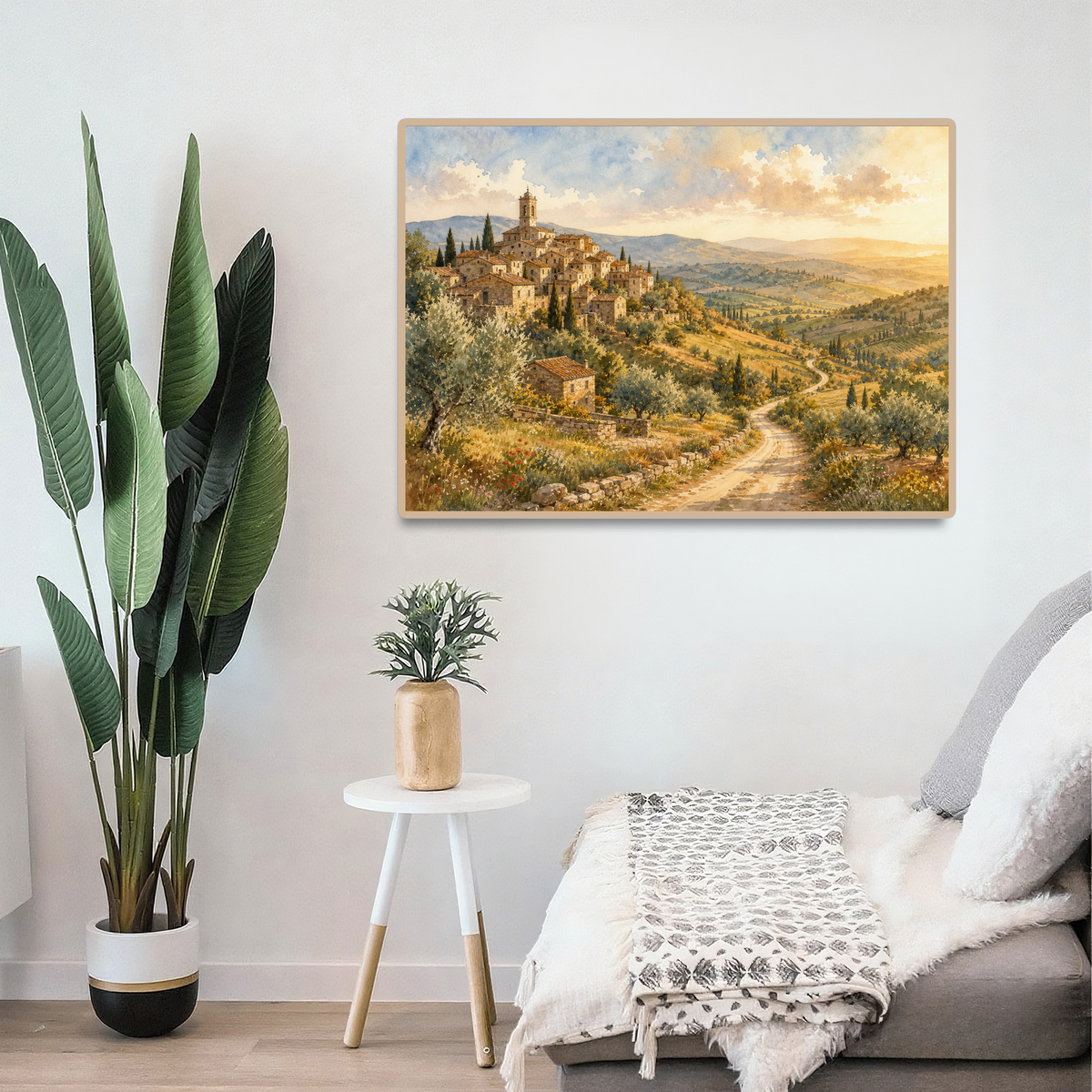 Golden Hour Hill Town Watercolor Ink Landscape Puzzle - puzzle product view
