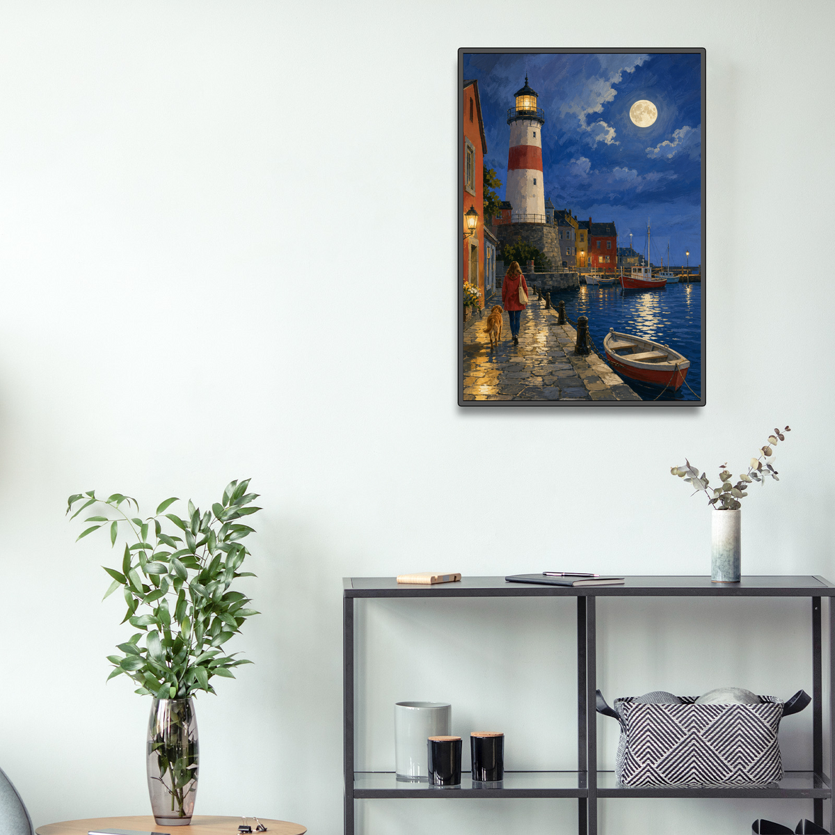 Moonlit Lighthouse Harbor Portrait Puzzle - puzzle product view