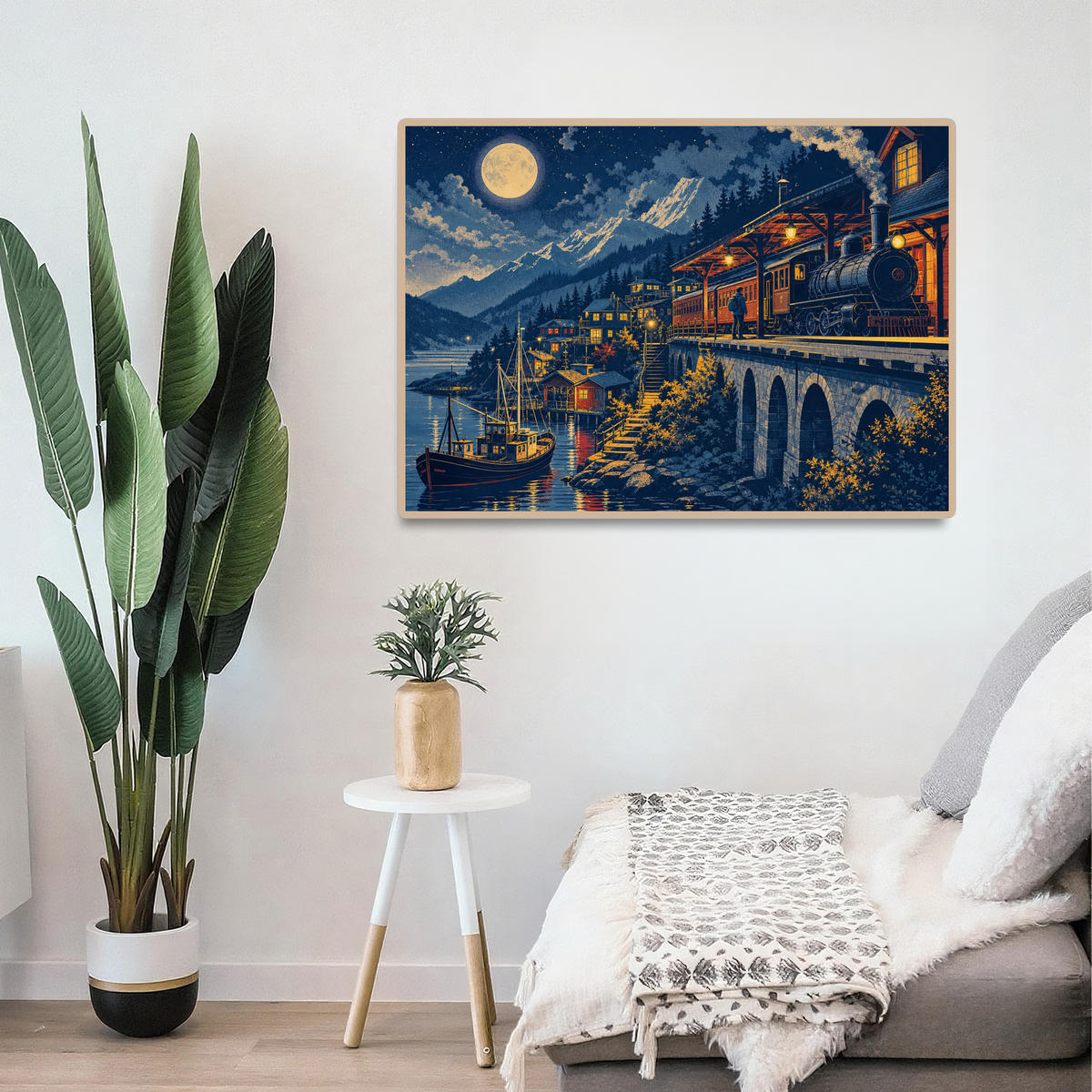 Moonlit Mountain Railway Station Landscape Puzzle - puzzle product view