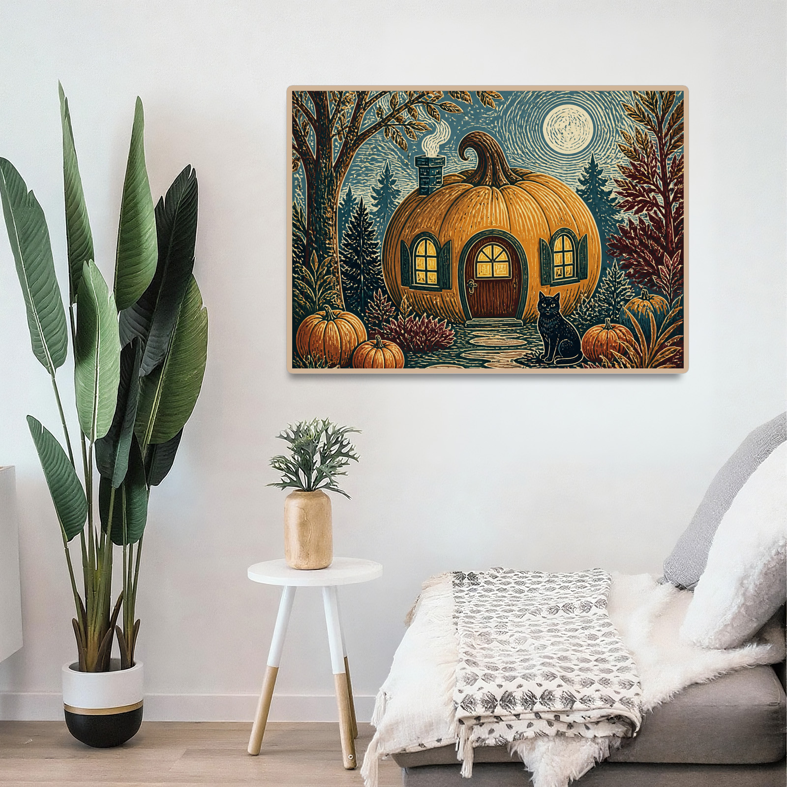 Vibrant Pumpkin Cottage Linocut Landscape Puzzle - puzzle product view