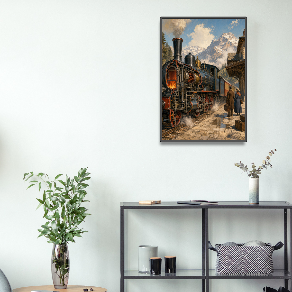 Sunlit Steam Train at a Mountain Station Retro Mechanical Portrait - puzzle product view