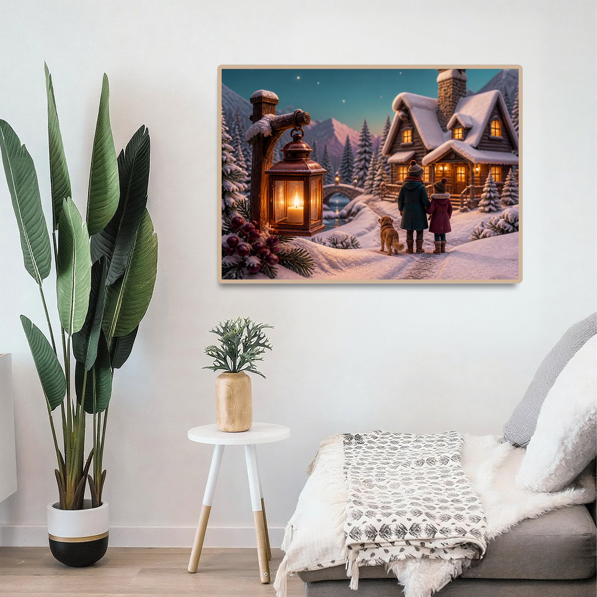 Golden Hour Winter Cabin Lights Soft 3d Storybook Landscape Puzzle - puzzle product view
