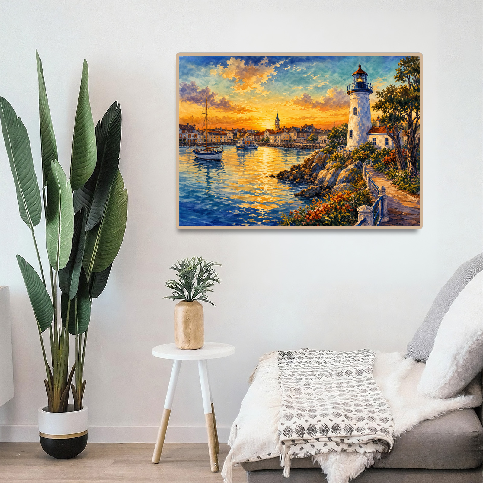 Golden-Hour Lighthouse Harbor Landscape Puzzle - puzzle product view