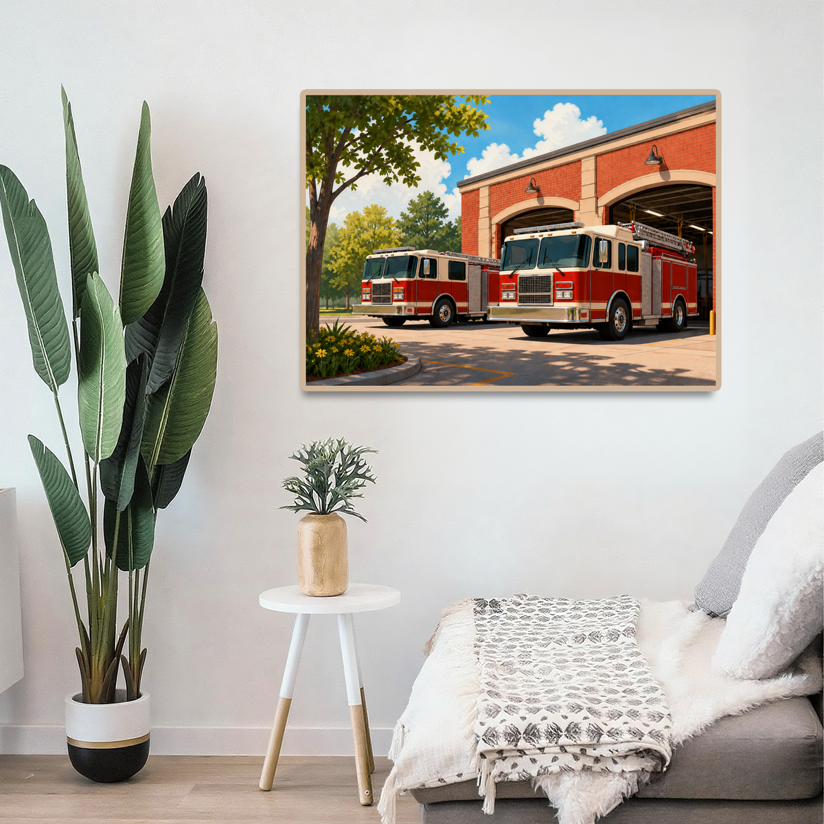 Sunlit Fire Engines at the Station Flat Editorial Illustration - puzzle product view