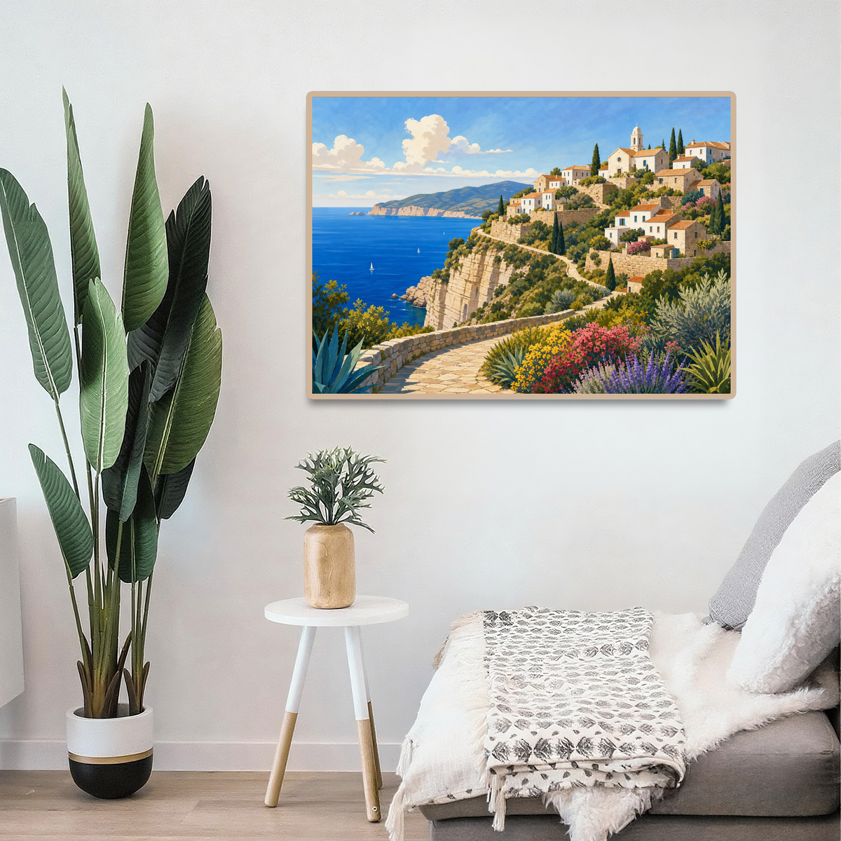 Vibrant Cliff Village Flat Editorial Illustration Landscape Puzzle - puzzle product view