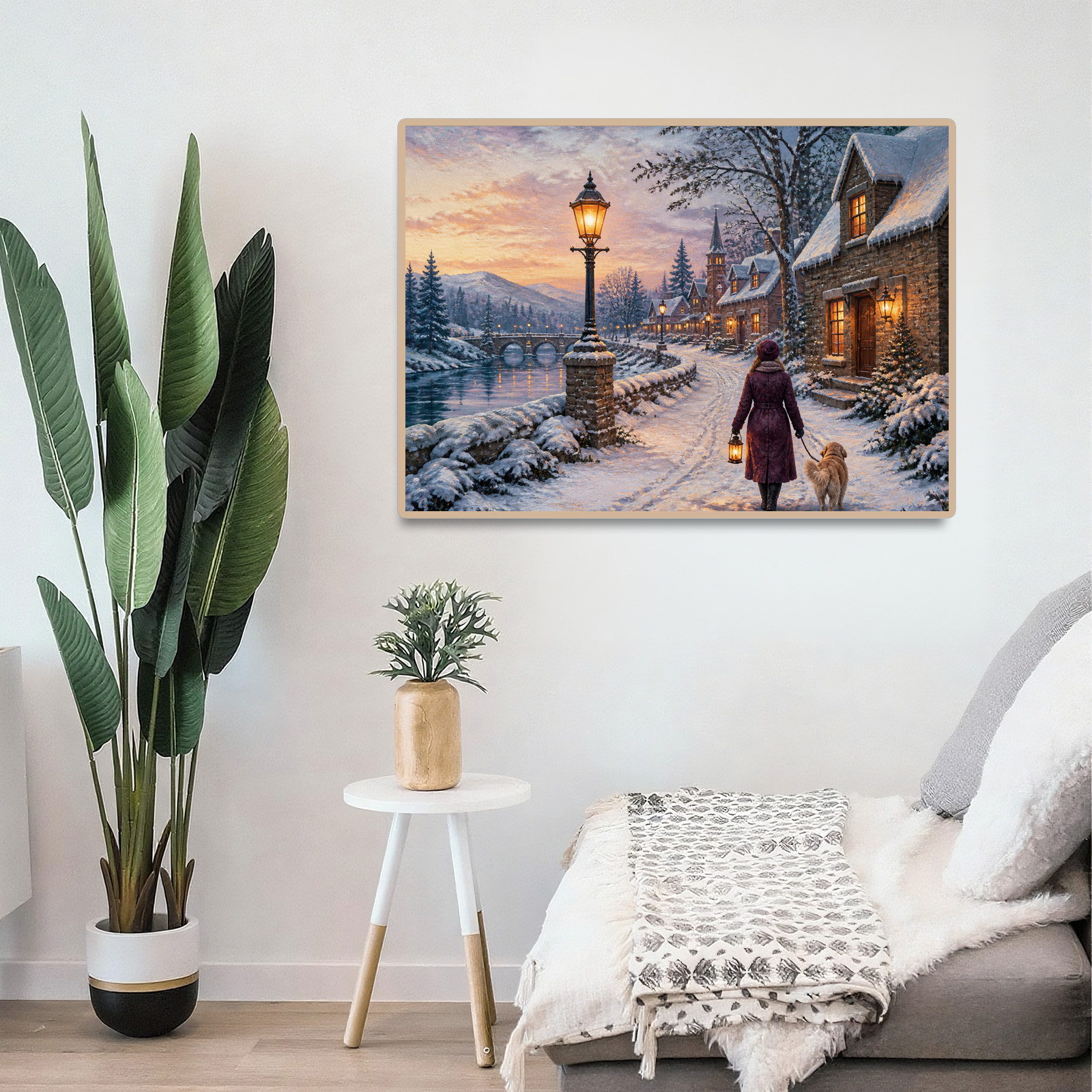 Sunlit Lantern Lit Winter Village Textile Quilt Landscape Puzzle - puzzle product view