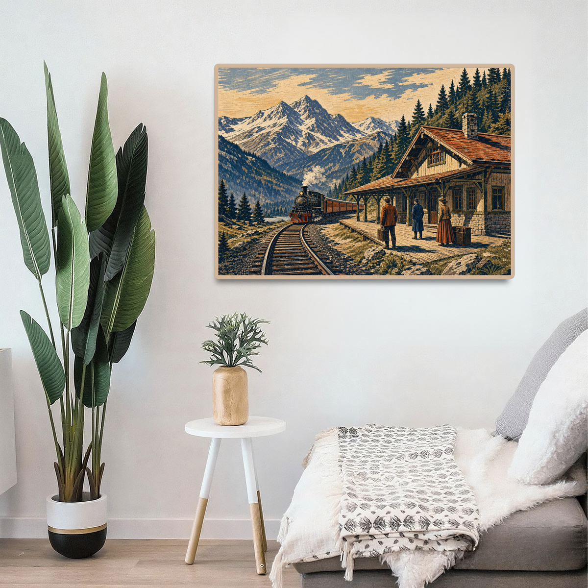 Vibrant Mountain Railway Station Woodblock Landscape Puzzle - puzzle product view