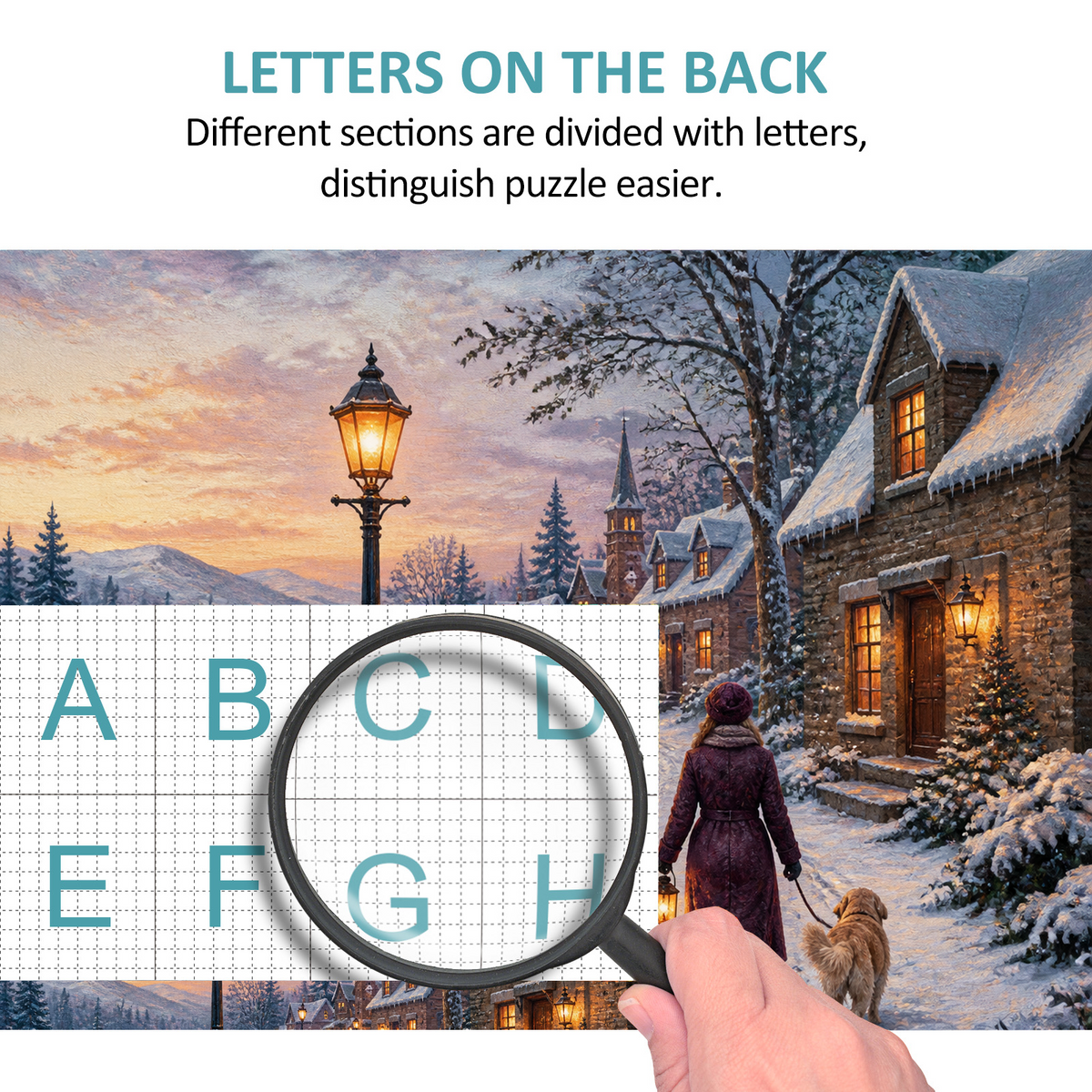 Sunlit Lantern Lit Winter Village Textile Quilt Landscape Puzzle - puzzle product view