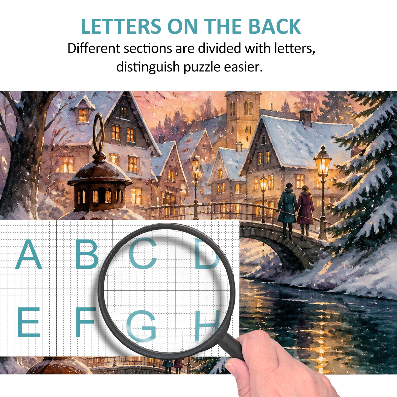 Story Rich Lantern Lit Winter Village Watercolor Ink Portrait Puzzle - puzzle product view