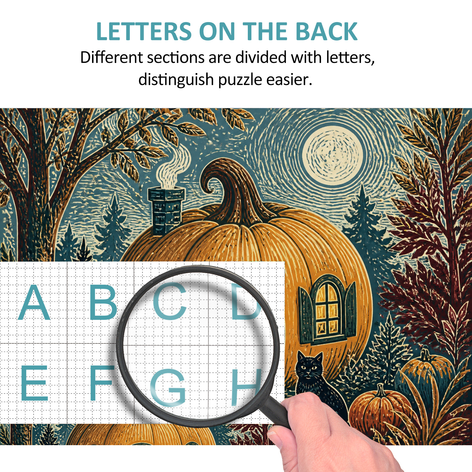 Vibrant Pumpkin Cottage Linocut Landscape Puzzle - puzzle product view