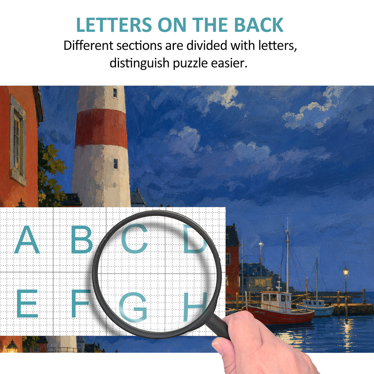 Moonlit Lighthouse Harbor Portrait Puzzle - puzzle product view