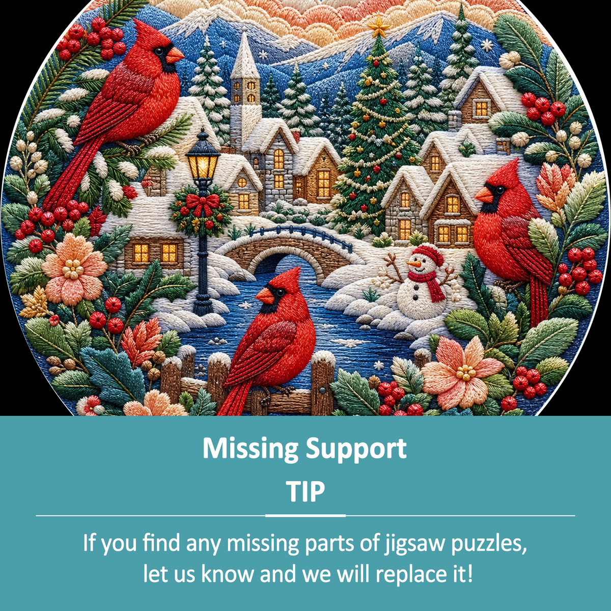Wildflower Cardinal Winter Village Round Puzzle - puzzle product view