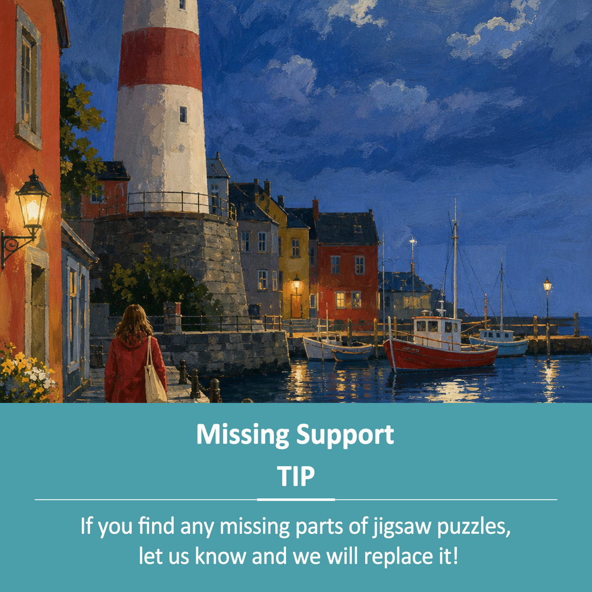 Moonlit Lighthouse Harbor Portrait Puzzle - puzzle product view