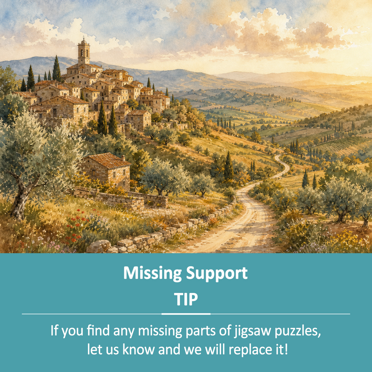 Golden Hour Hill Town Watercolor Ink Landscape Puzzle - puzzle product view