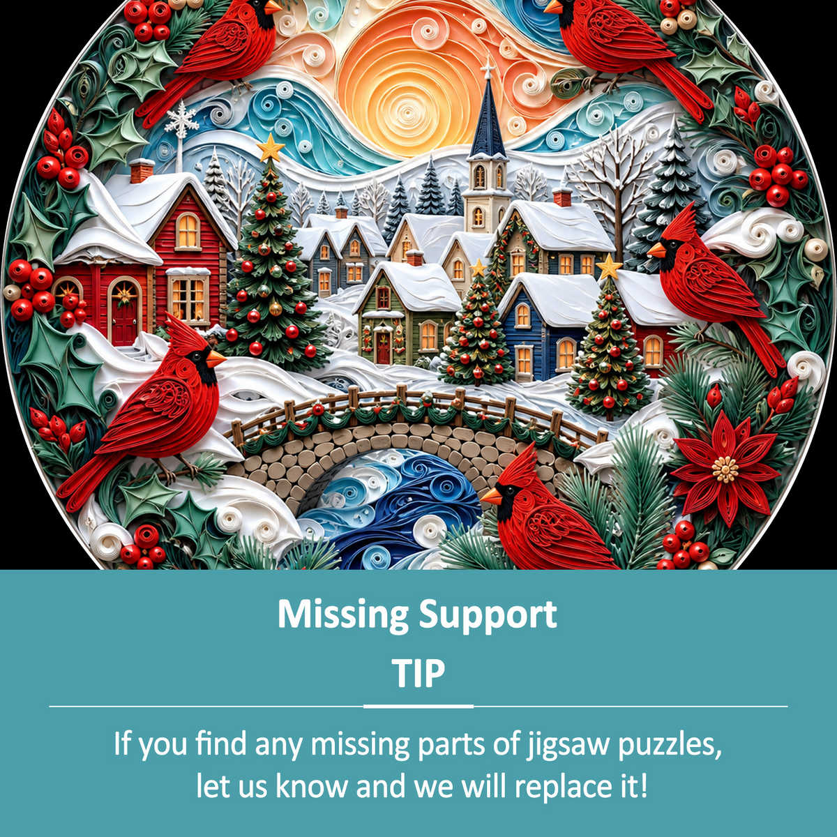 Crimson Cardinal Winter Village Round Puzzle - puzzle product view