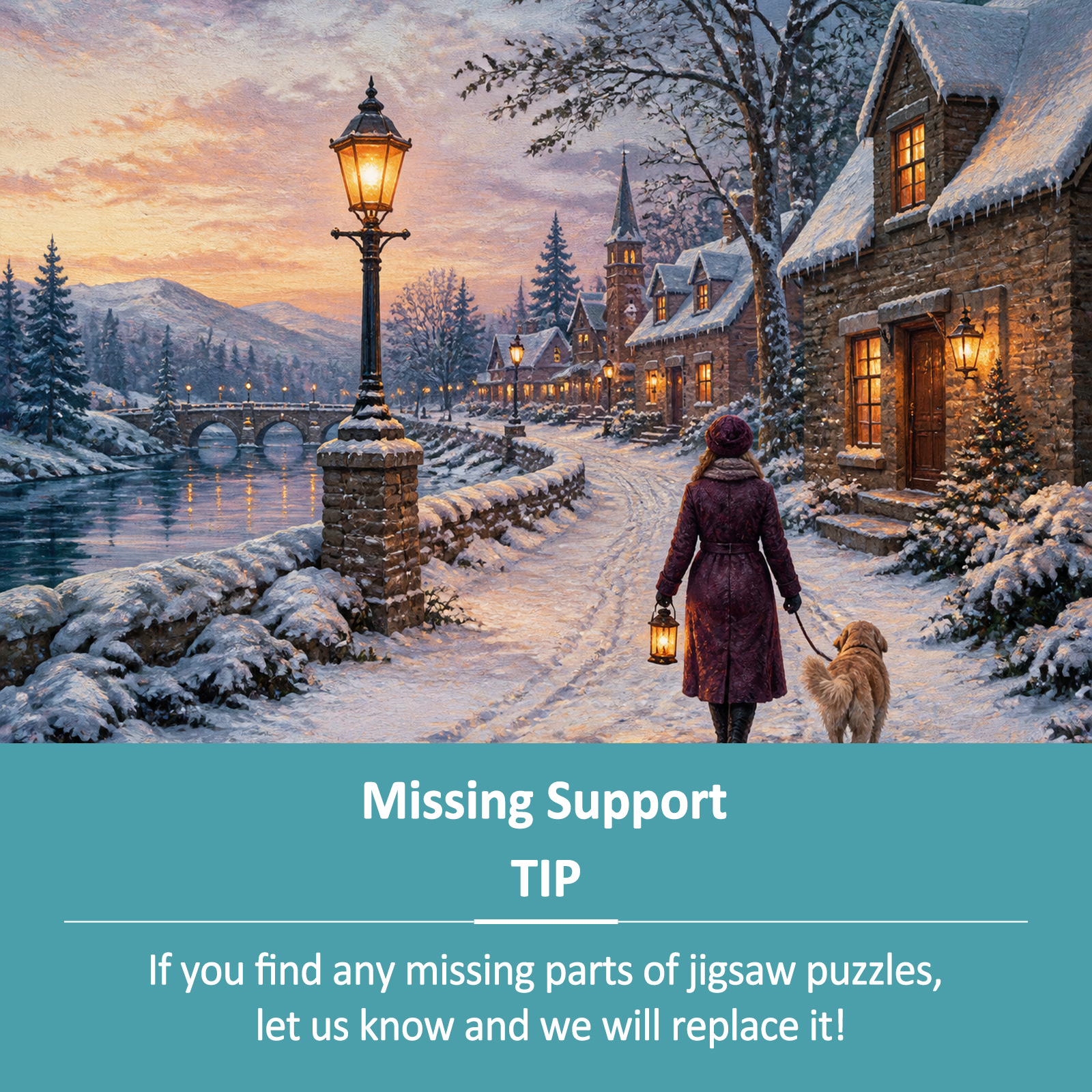 Sunlit Lantern Lit Winter Village Textile Quilt Landscape Puzzle - puzzle product view