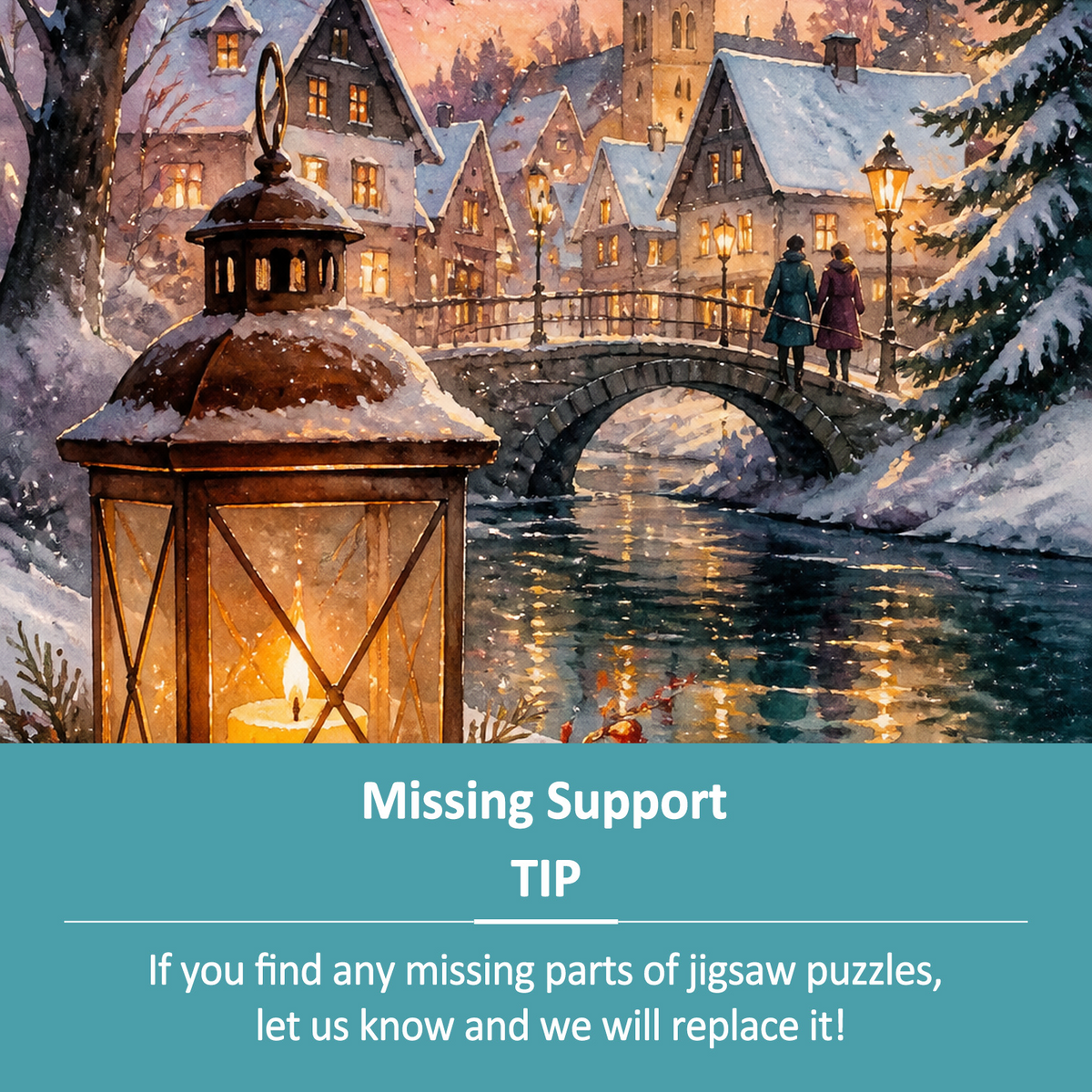 Story Rich Lantern Lit Winter Village Watercolor Ink Portrait Puzzle - puzzle product view