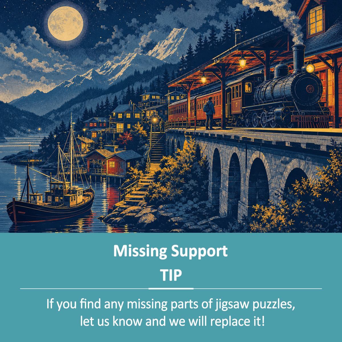 Moonlit Mountain Railway Station Landscape Puzzle - puzzle product view