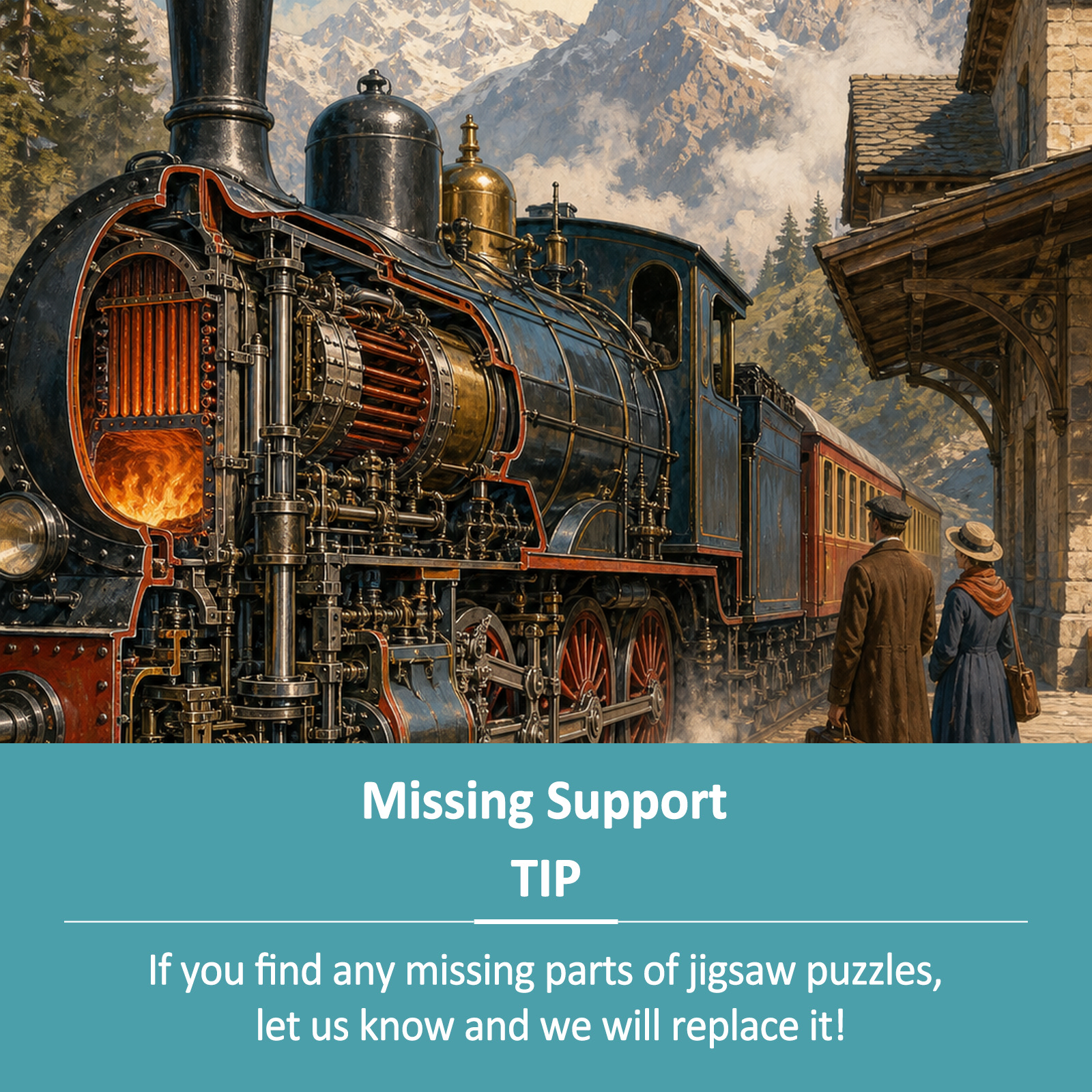 Sunlit Steam Train at a Mountain Station Retro Mechanical Portrait - puzzle product view