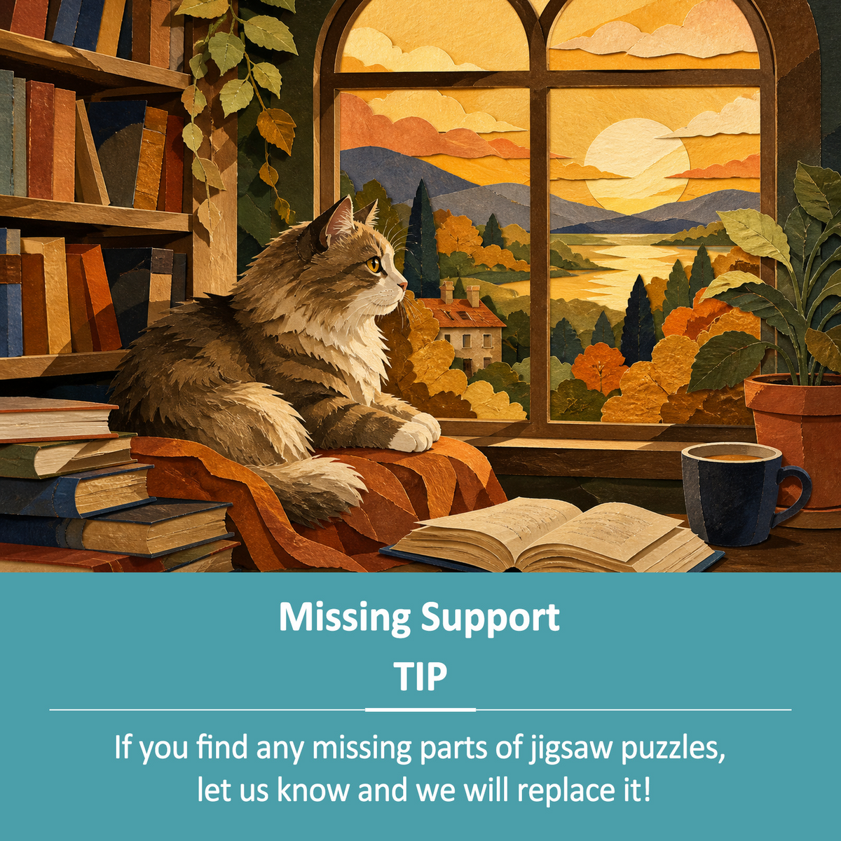 Golden-Hour Library Cat Landscape Puzzle - puzzle product view