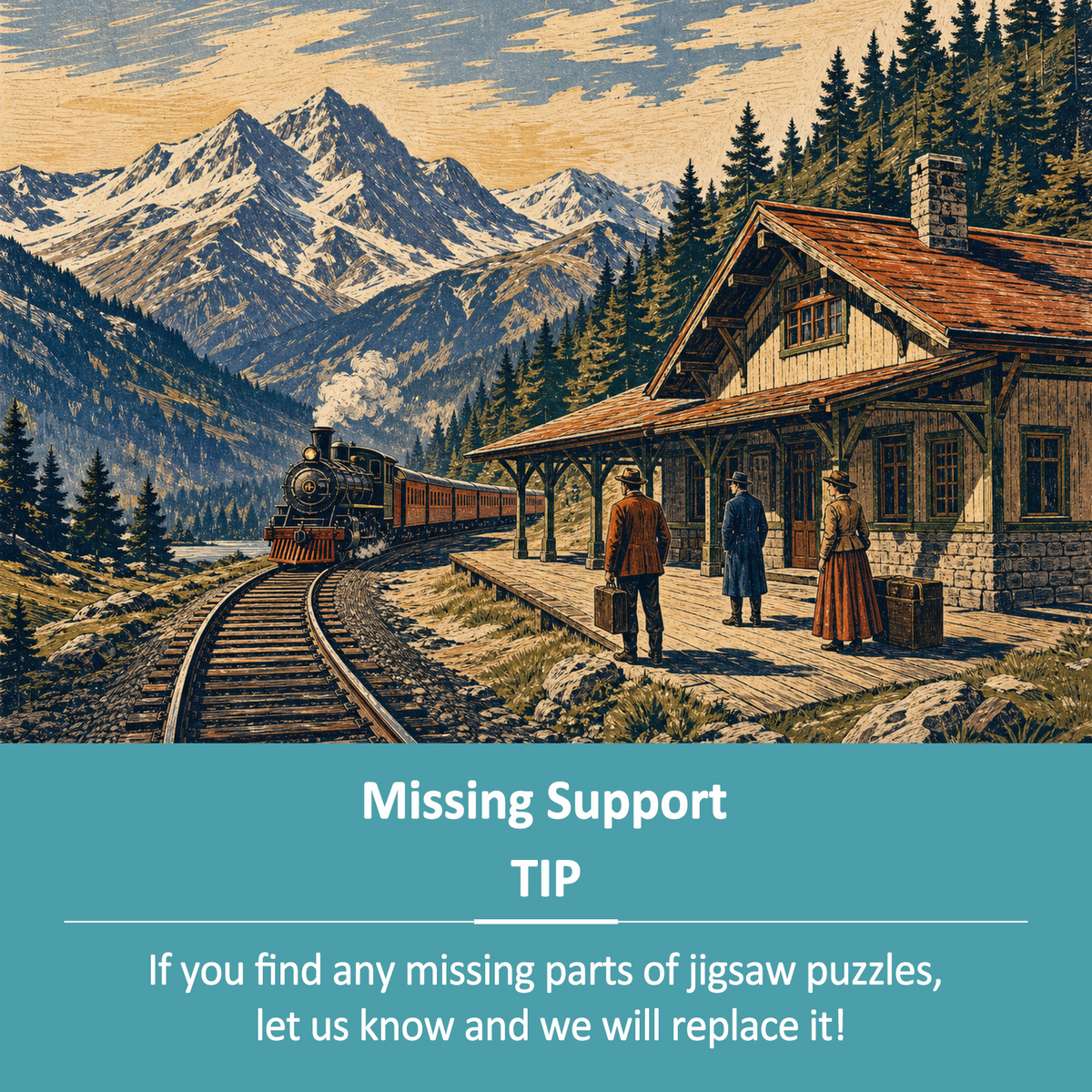 Vibrant Mountain Railway Station Woodblock Landscape Puzzle - puzzle product view
