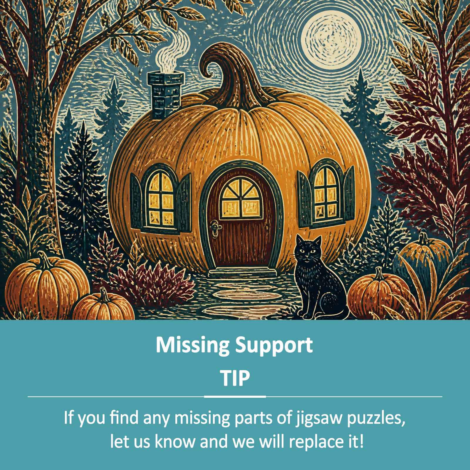 Vibrant Pumpkin Cottage Linocut Landscape Puzzle - puzzle product view