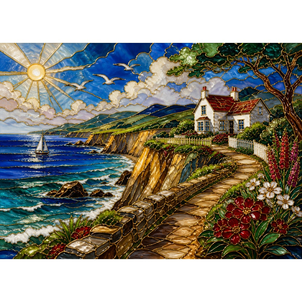 Sunlit Coastal Cliffs Landscape Puzzle - puzzle artwork